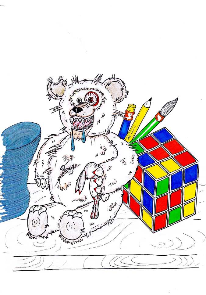evil teddy bear rubix cube art illustration toy shelf brighton artist 